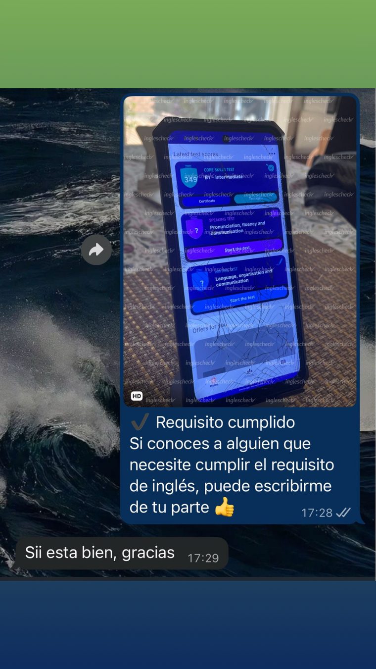 Mensaje de agradecimiento de un estudiante de InglesCheck