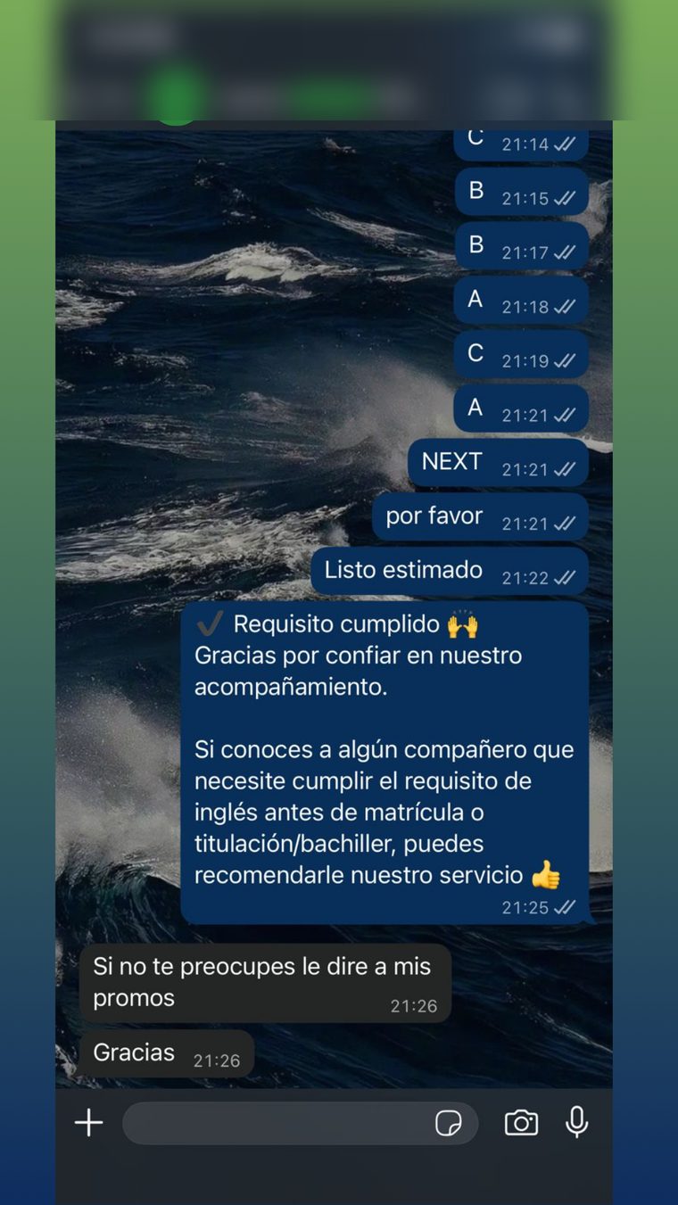 Testimonio de un estudiante por WhatsApp