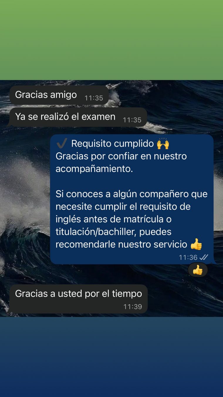 Mensaje de un estudiante que aprobó su examen con InglesCheck